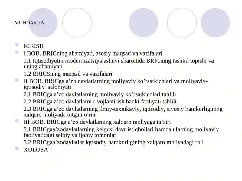 BRICga a’zo davlatlarning moliyaviy ko’rsatkichlari va ularning xalqaro moliyaga ta’siri 2