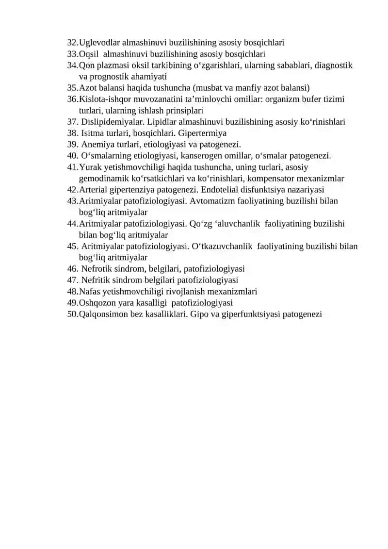 Patologik Fiziologiya INTegral Davlat Imtiyoni Savollari 2