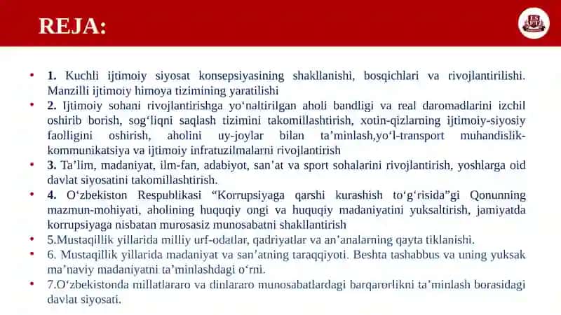 O‘zbekiston Respublikasida ijtimoiy  sohadagi islohotlar. Mustaqillik yillarida O‘zbekistondagi ma’naviy va madaniy taraqqiyot 2