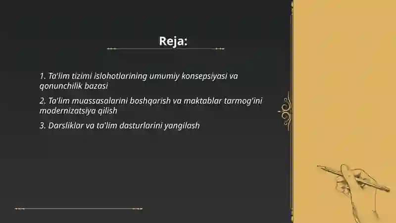 Ta'lim tizimi islohotlarining umumiy konsepsiyasi va qonunchilik bazasi 2