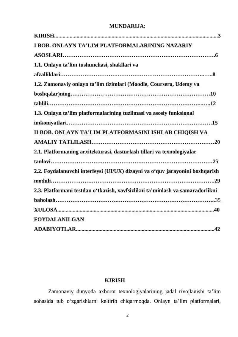 Online ta’lim platformasini ishlab chiqish. 2