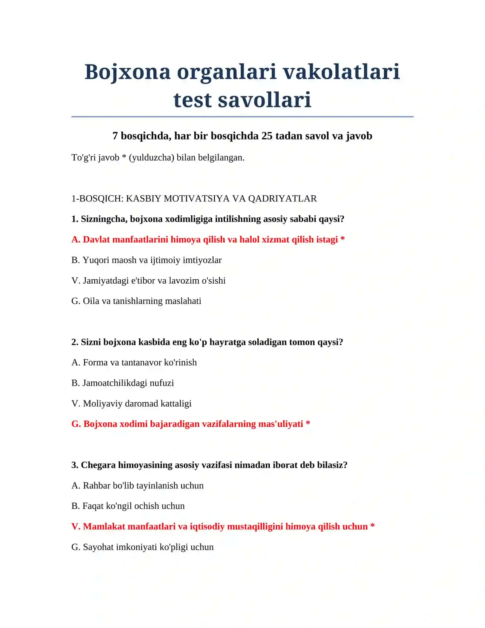 Bojxona organlari vakolatlari test savollari 2