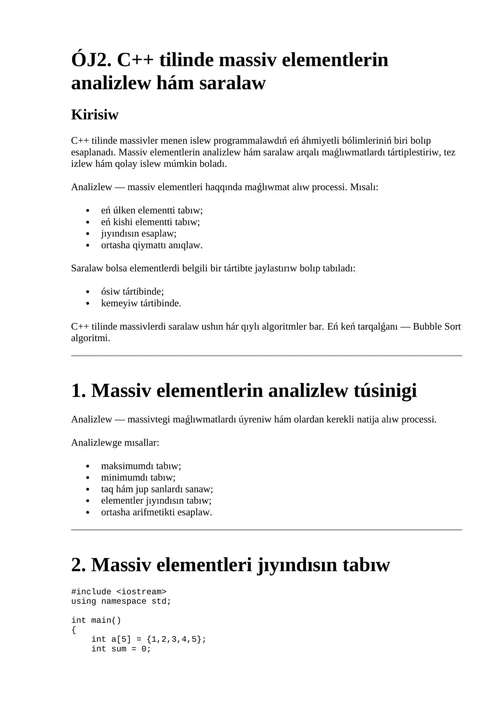 C++ tilinde massiv elementlerin analizlew hám saralaw 2