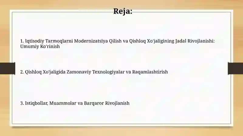 Iqtisodiyot tarmoqlarini modernizatsiya Qishloq xo'jaligini jadal rivojlantirish 2