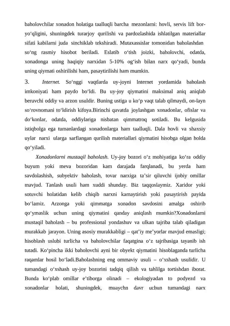Shaxsiy uy-joylarning tiklanish qiymatini baholashning o`ziga xos xususiyatlari 2