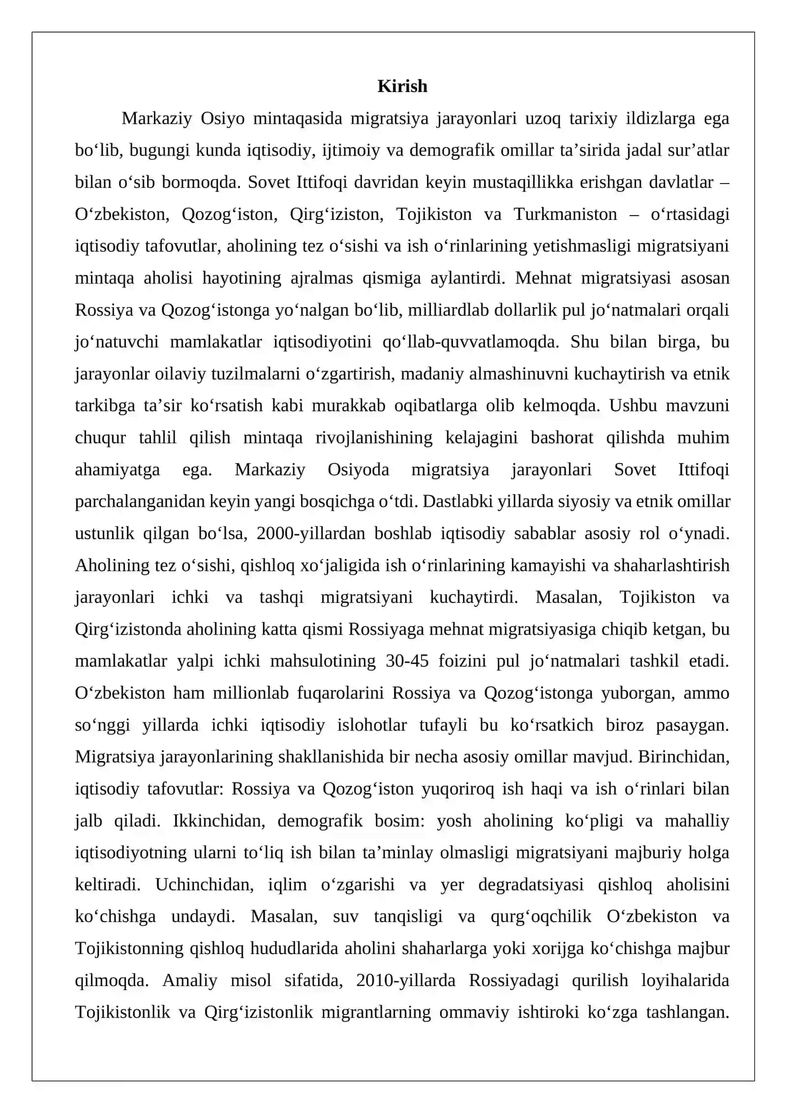 Markaziy Osiyo migratsion jarayonlarning o‘sib borishi 2