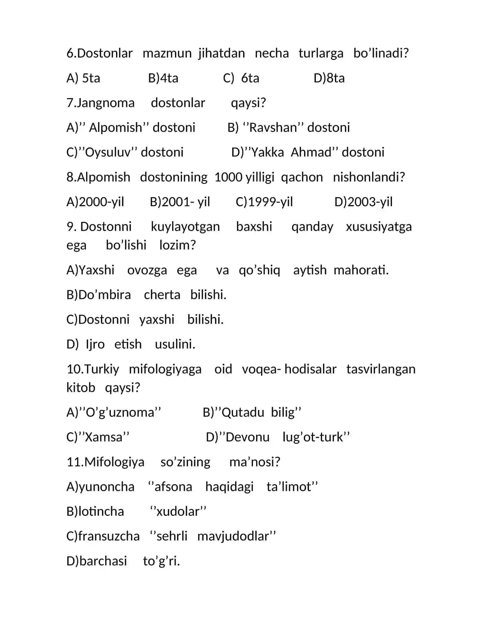 Xalq dostonlari va mifologiya test 2