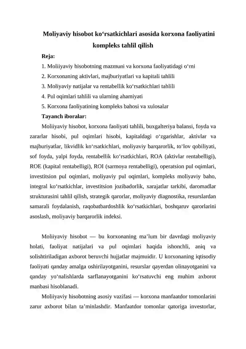 Moliyaviy hisobot ko‘rsatkichlari asosida korxona faoliyatini kompleks tahlil qilish. test masala va savollar 2