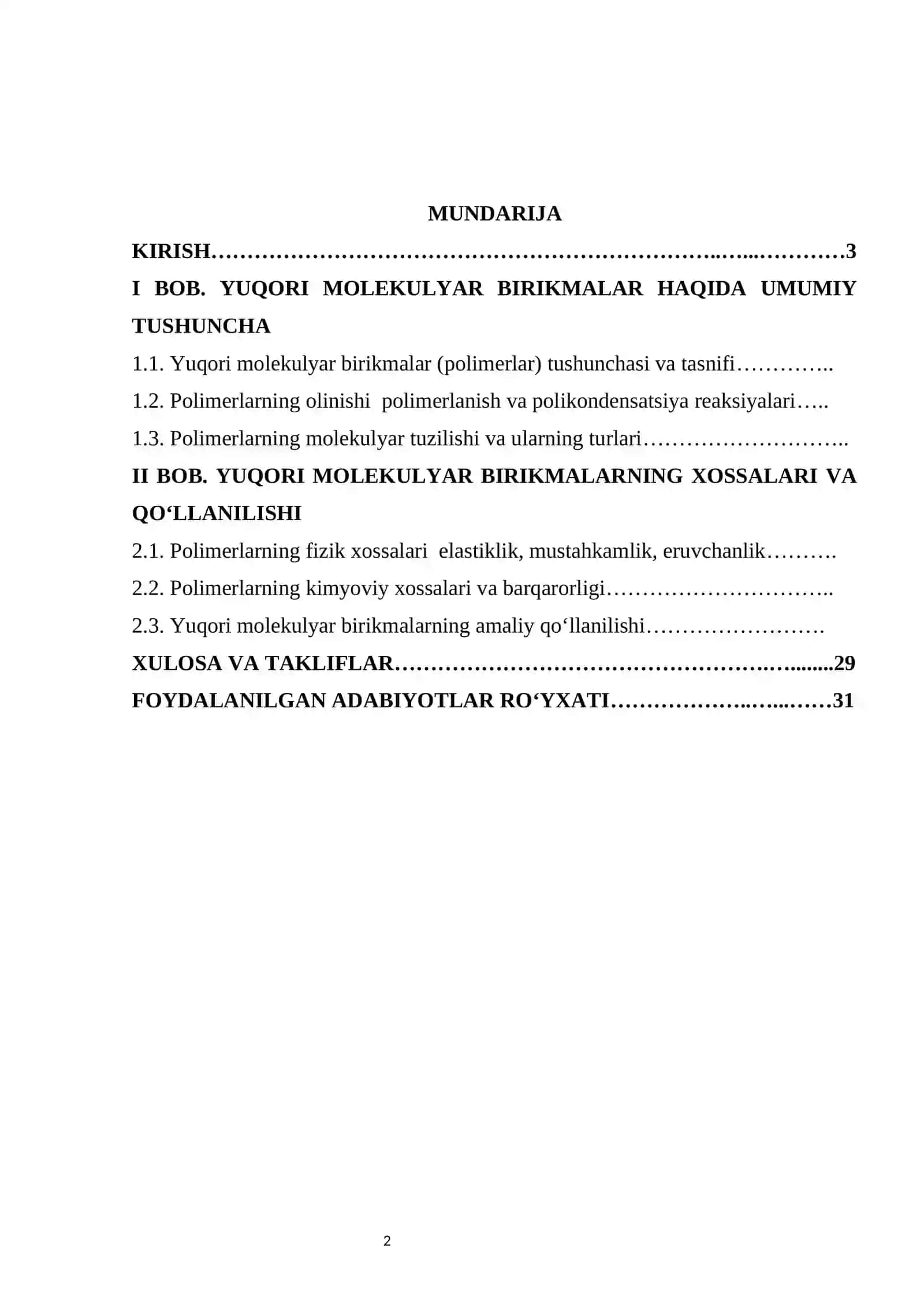 Yuqori molekulyar birikmalar va ularning xossalari. KURS ISHI 2
