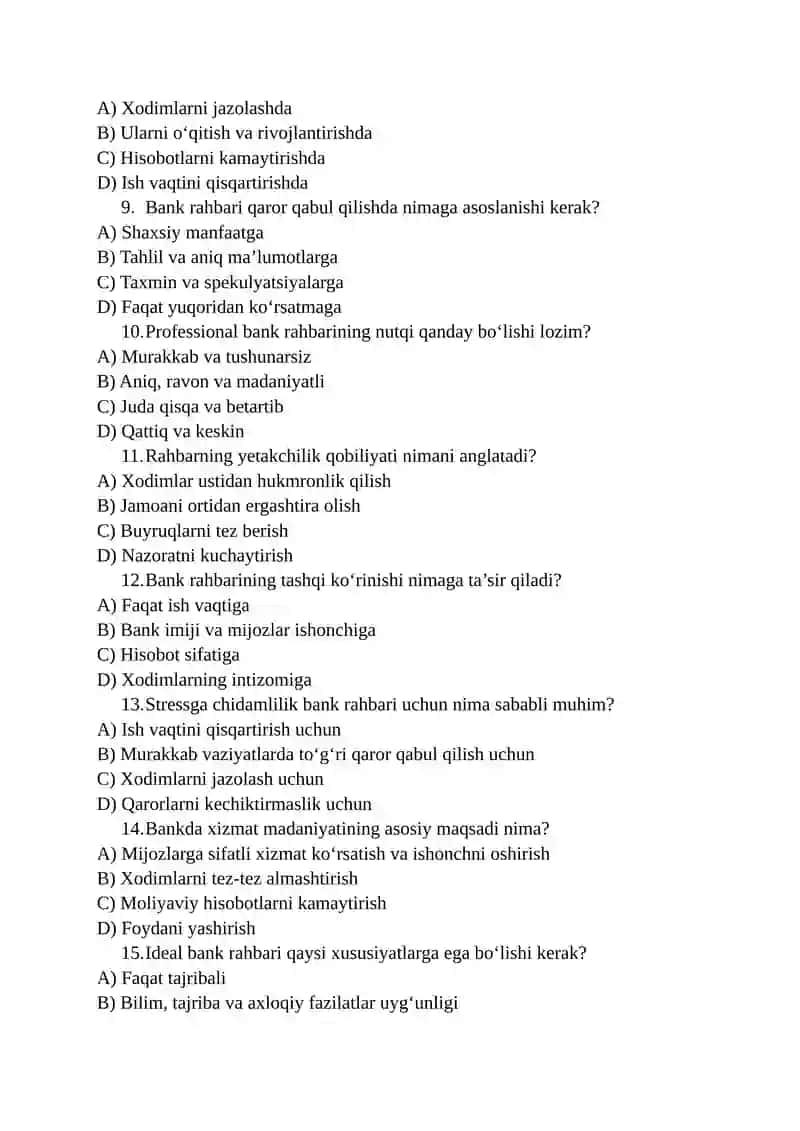 Bank xodimining rahbarlik uslubi, fazilatlari va madaniyati – Test 2
