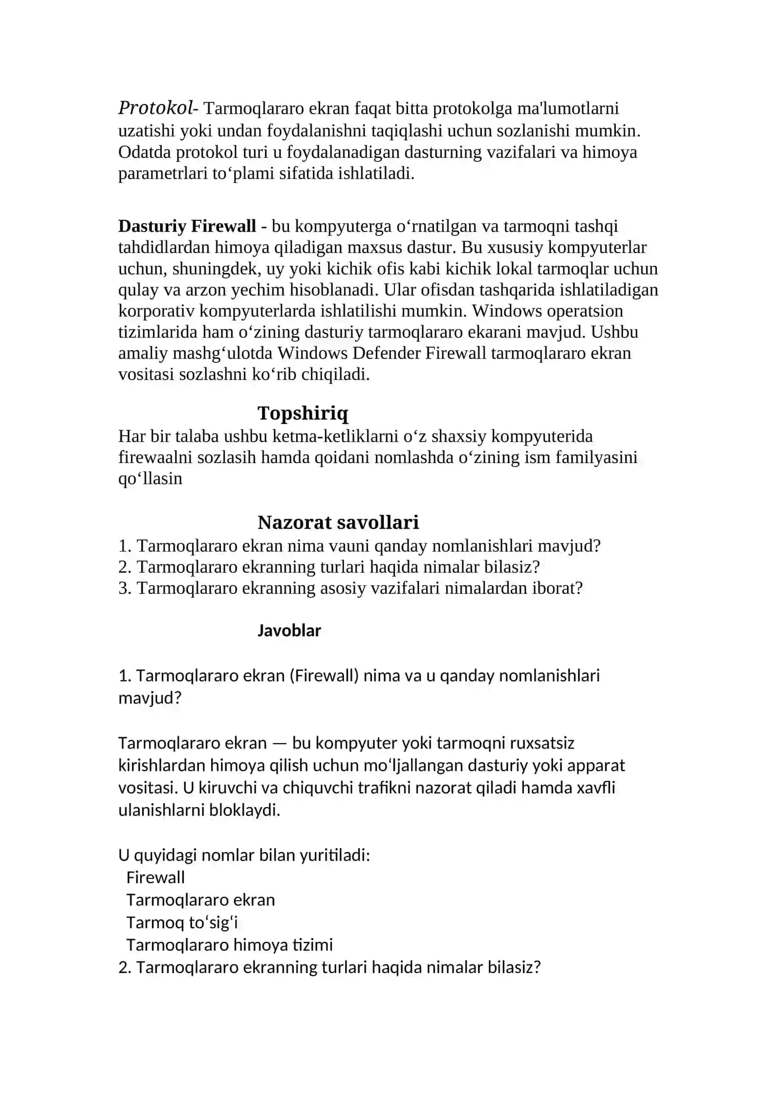 Tarmoqlararo ekran vositasi yordamida tarmoq himoyasini qurish 2