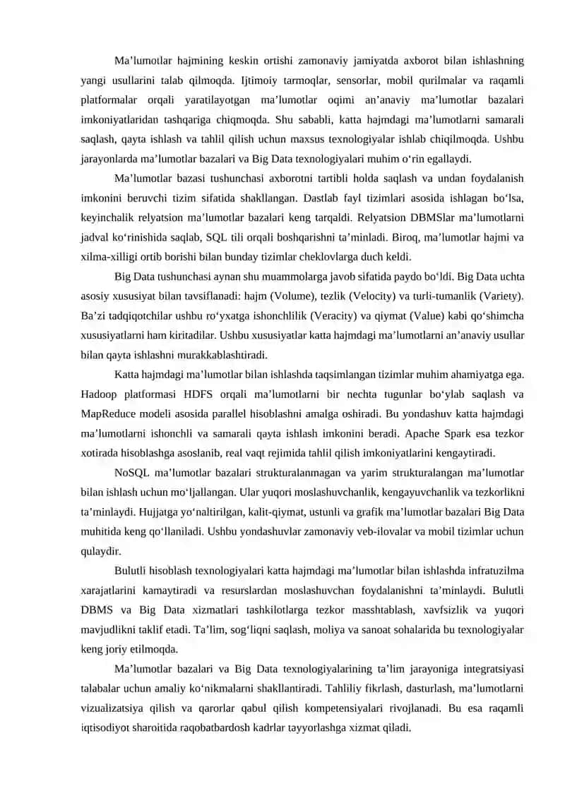 MAʼLUMOTLAR BAZALARI VA KATTA HAJMDAGI MAʼLUMOTLAR BILAN ISHLASH TEXNOLOGIYALARI 2