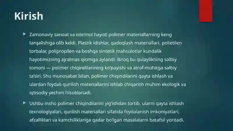 Polimer chiqindilaridan qurilish materiallari ishlab chiqarish 2