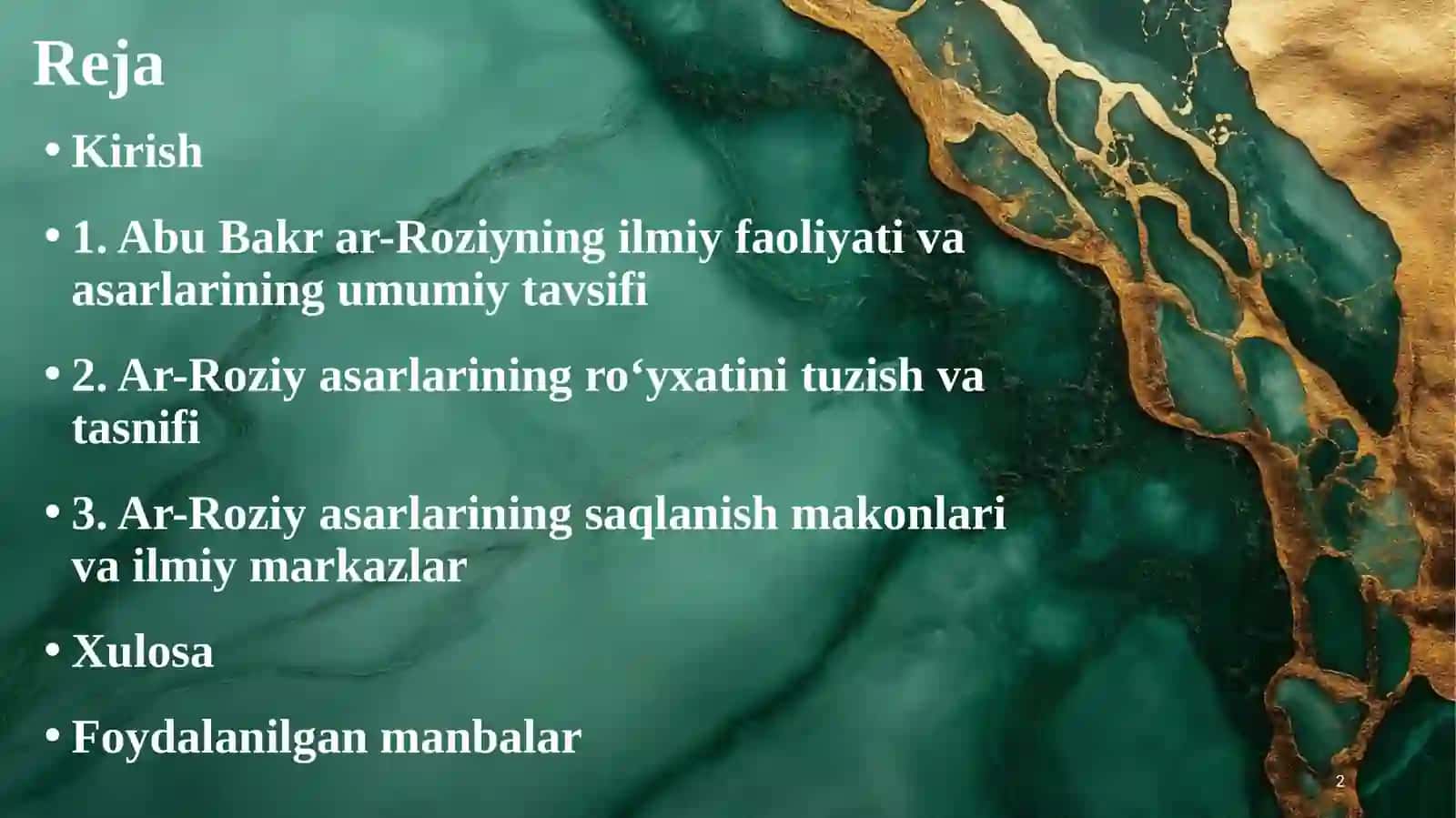 Abu Bakrar-Roziy(865–925)asarlarining roʻyxatini tuzish va ularning bugungi kundagi saqlangan makonlari boʻyicha koʻrsatkich 2