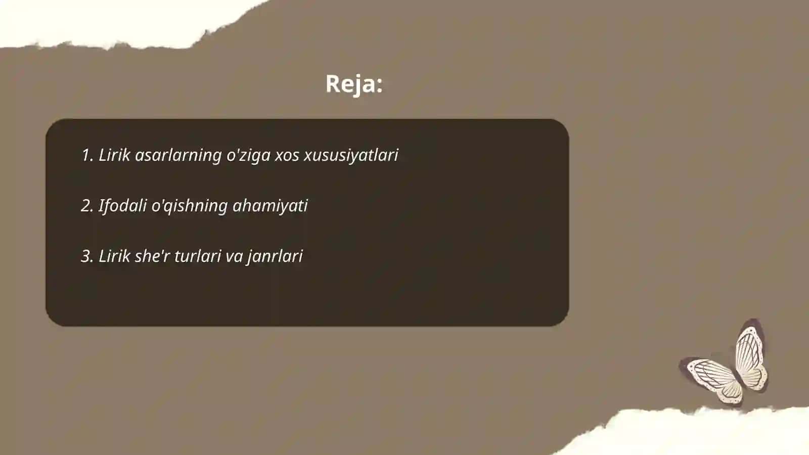 Lirik turdagi asarlarni ifodali o'qish 2