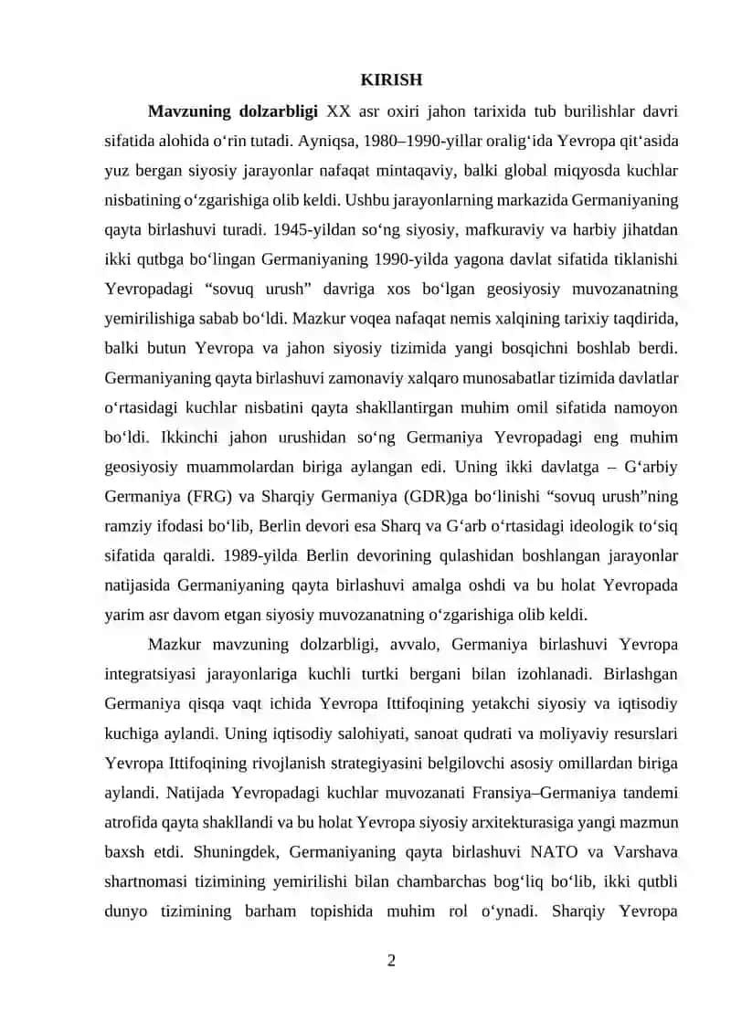 Germaniyaning qayta birlashuvi va Yevropadagi geosiyosiy muvozanat 2