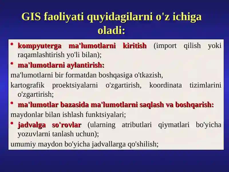 GISning funktsionalligi va GIS texnologiyalari elementlari 2