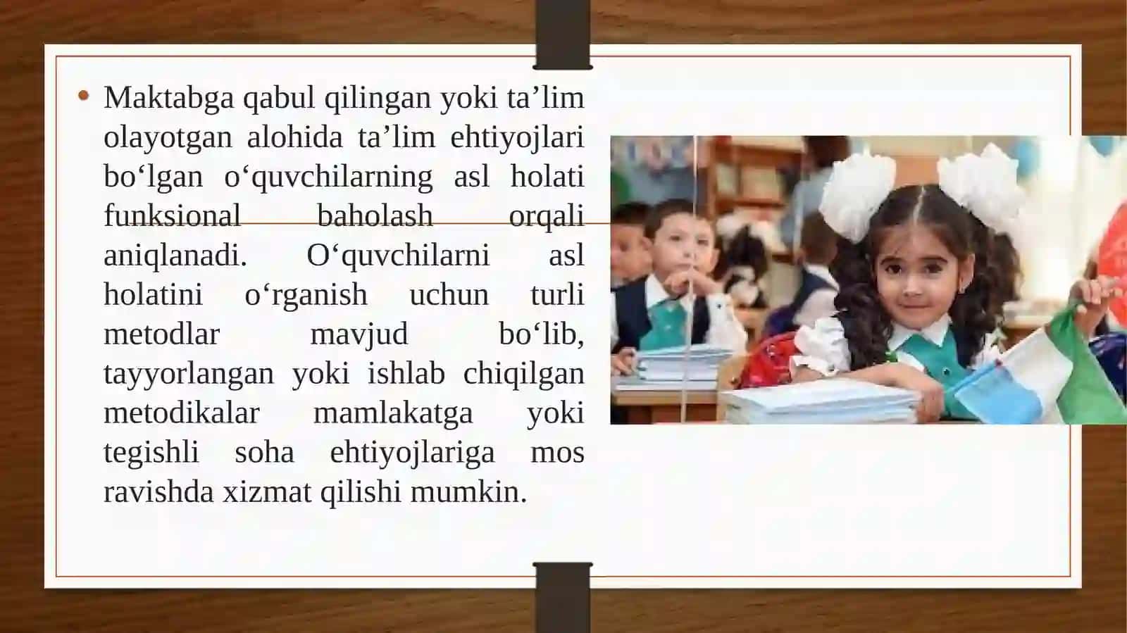 1-xat boshi boʻyicha. “Maktabga qabul qilingan yoki taʼlim olayotgan alohida taʼlim ehtiyojlari boʻlgan oʻquvchilarni funksional baholash orqali asl holatini oʻrganish”. 2