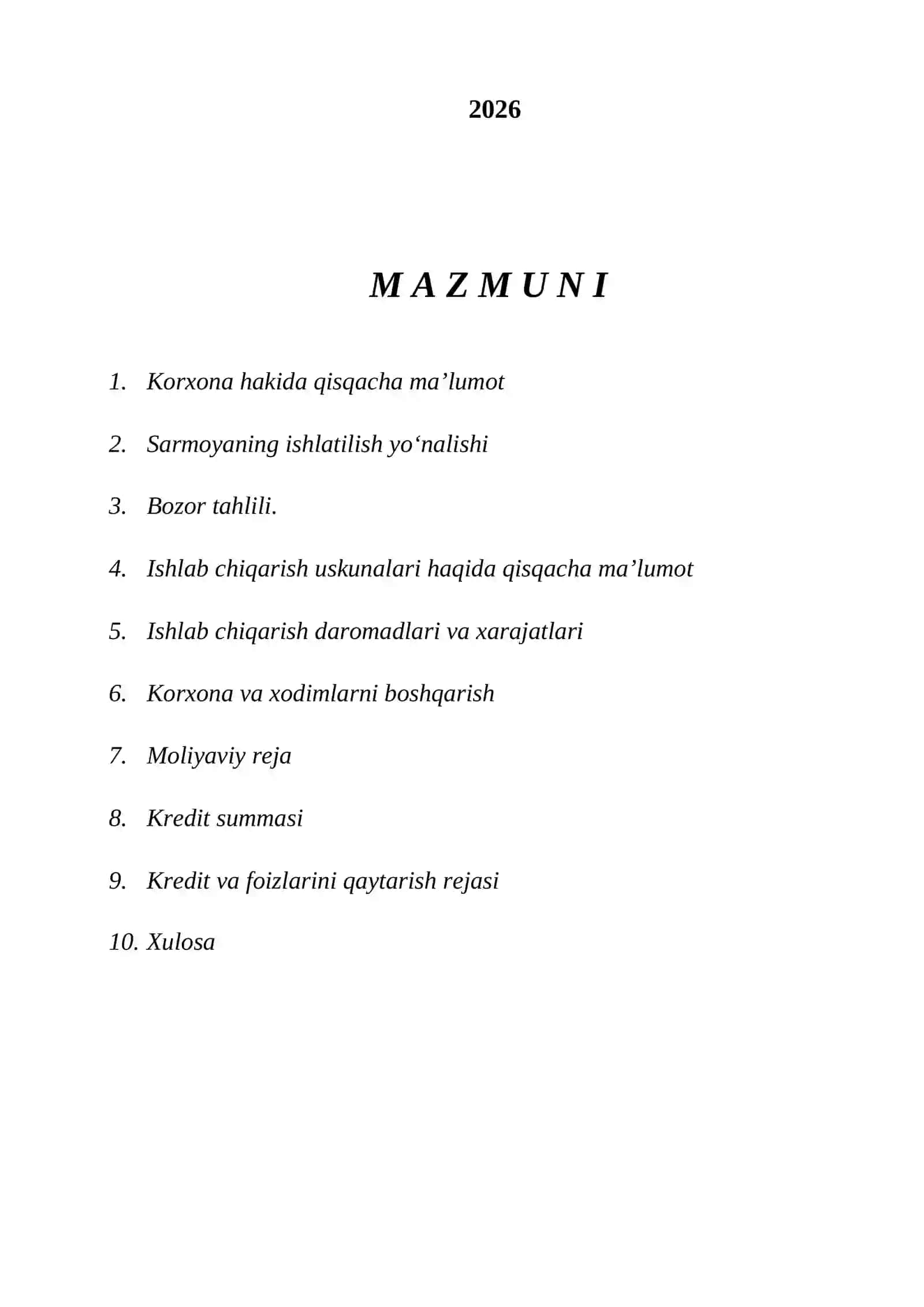 Non   mahsulotlari ishlab chiqarish BIZNES REJA 2026 2