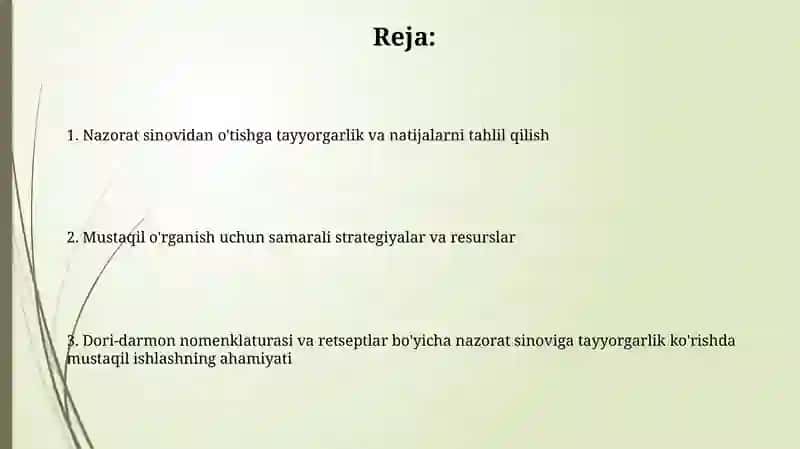 Farmasevtik atamashunoslik va retseptura boʻyicha kontrol ishga tayyorgarlik uchun mustaqil ishi 2