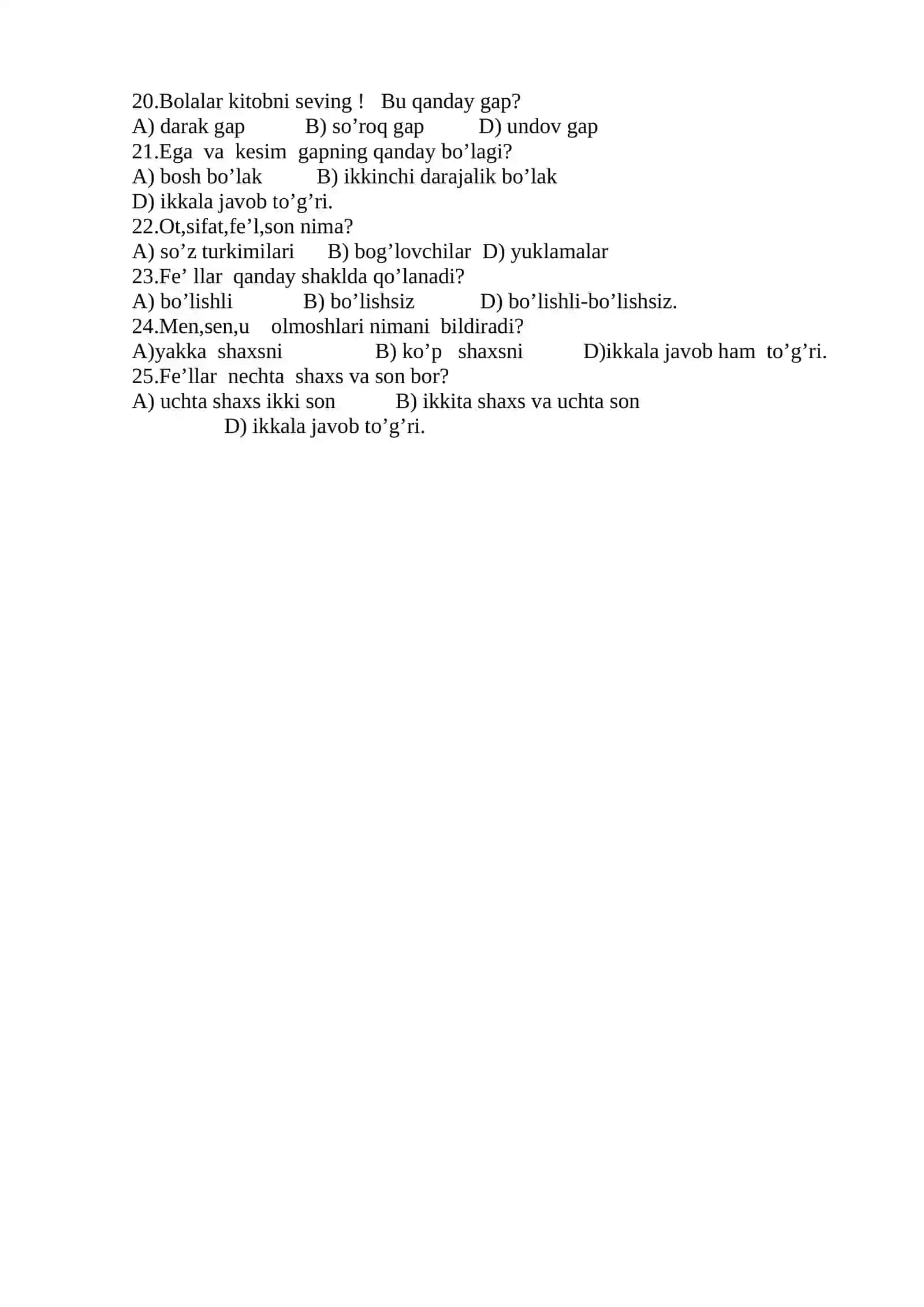 4-sinf Ona tili 4-chorak Test 2
