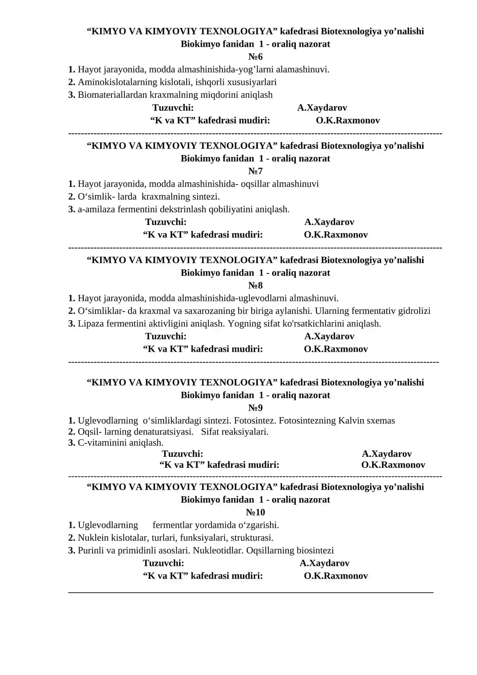 Biotexnologiya yo’nalishi Biokimyo fanidan - 1-oraliq nazorat 2