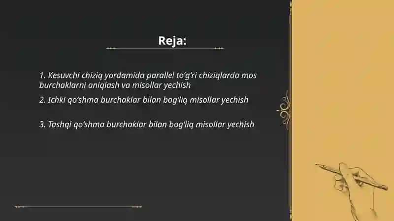 Parallel toʻgʻri chiziqlar mavzusiga doir misollar yechish 2