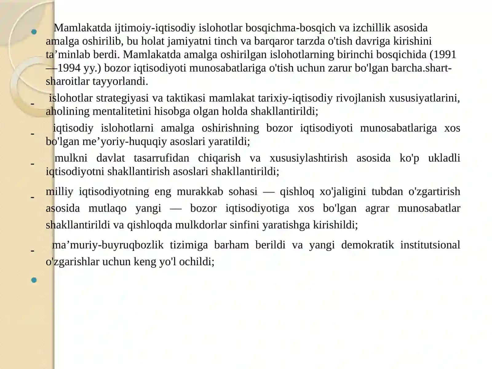 Iqtisodiy islohotlar, xususiy muhlkchilikning shakllanishi. O’zbekistondada bozor munosabatlarining rivojlanishi 2
