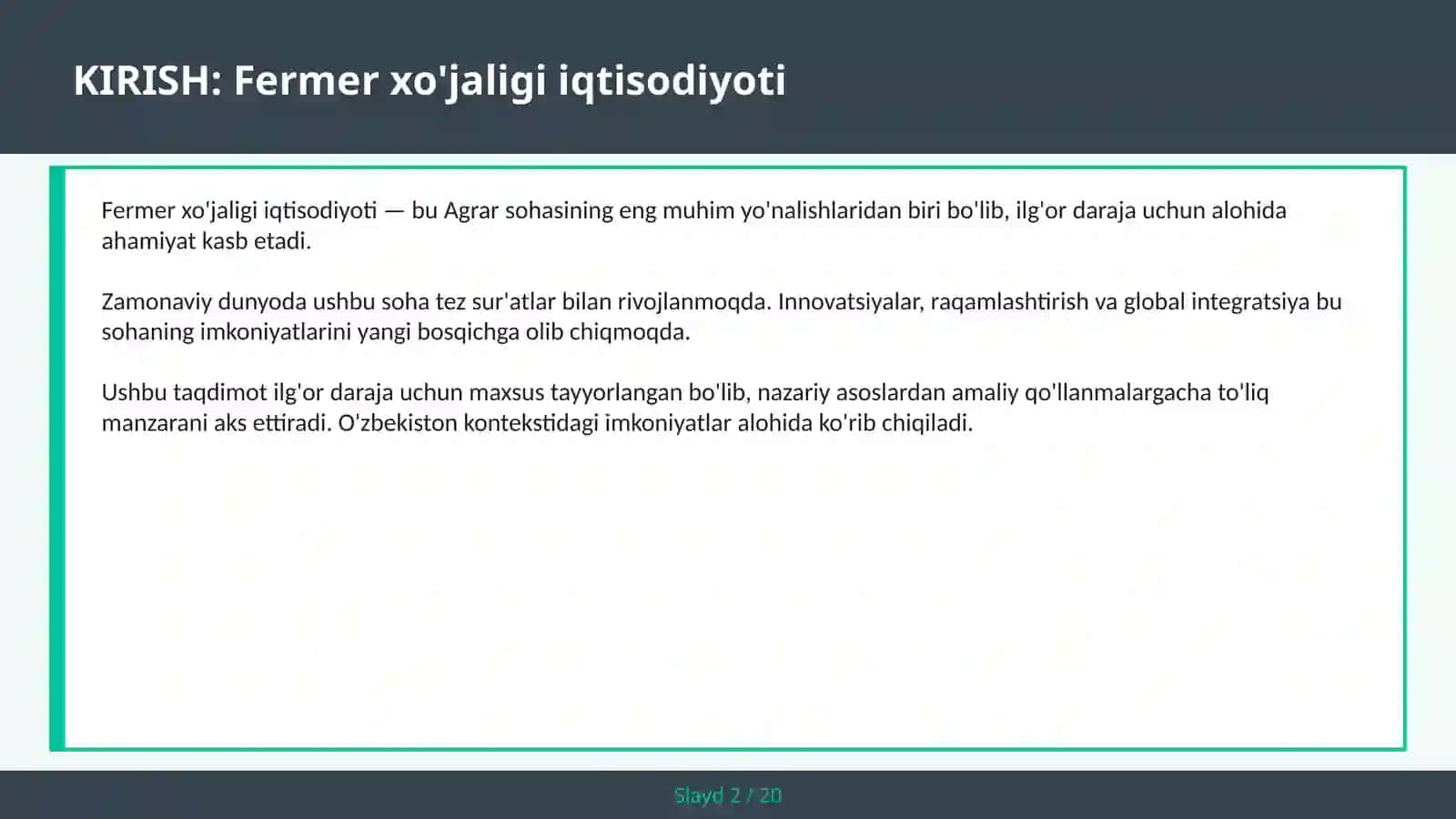 Fermer xo'jaligi iqtisodiyoti 2