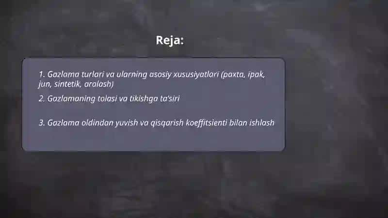 Turli assortimentdagi gazlamalardan kiyim tikish tayorlashning o‘ziga xos xususiyatlari 2