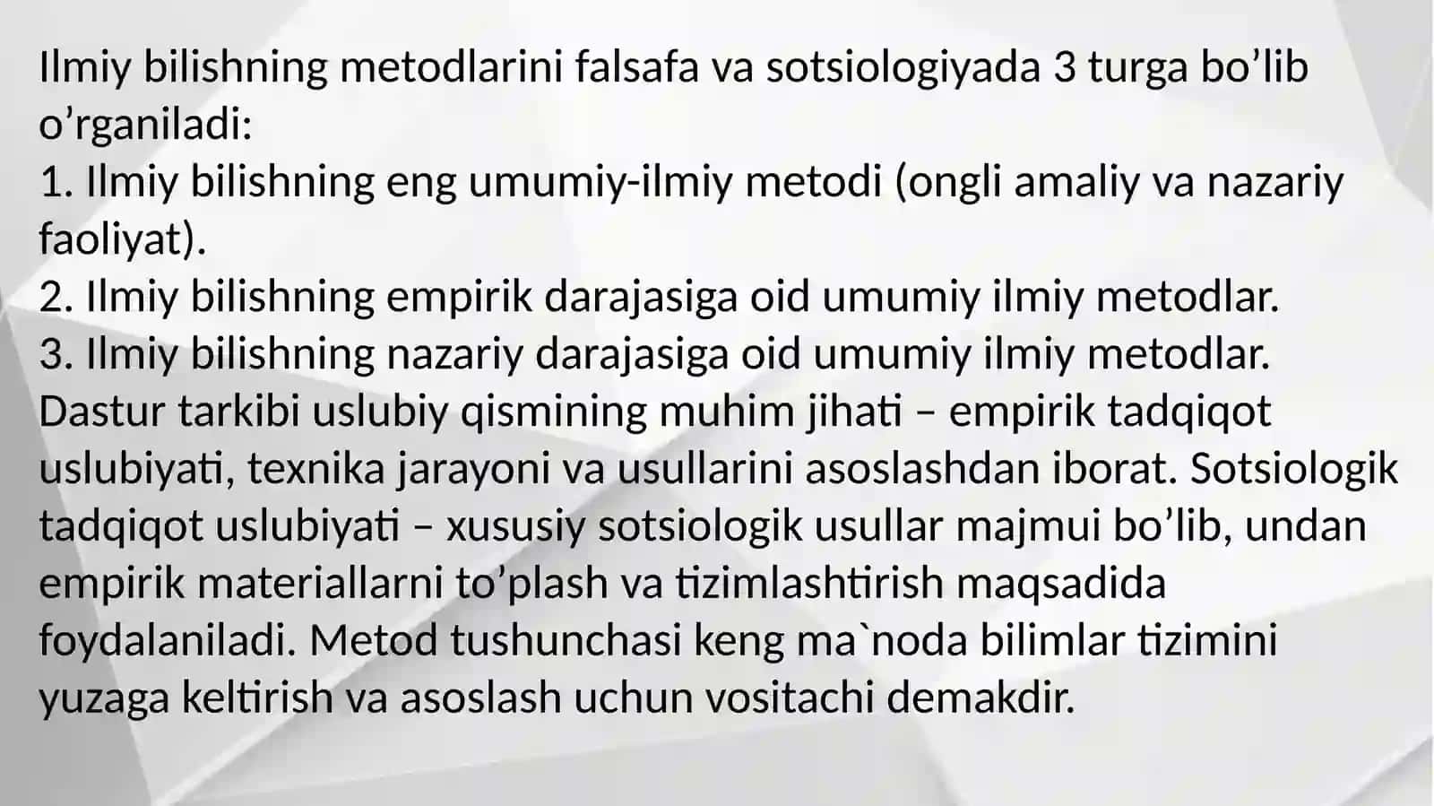 Sotsiologik ma‘lumotlarni tòplash metodlari sòrov, kuzatish, sotsial eksperiment, hujjatlarni òrganish 2