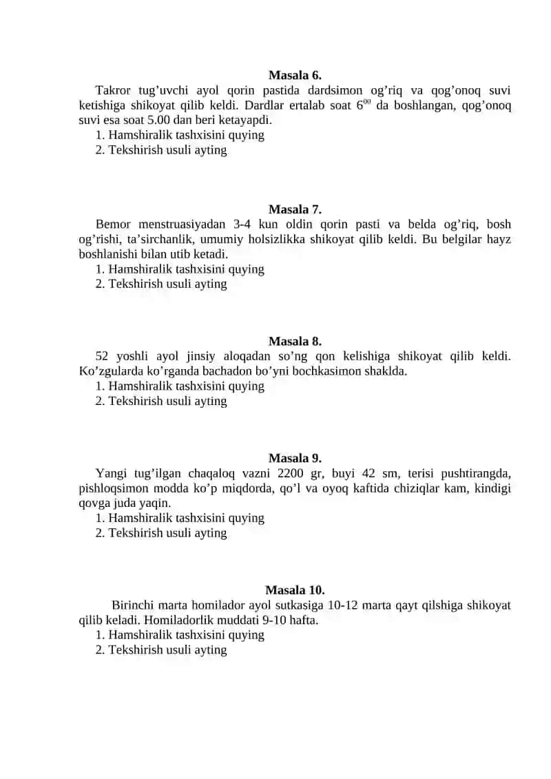 AKUSHERLIK VA GINEKOLOGIYADA HAMSHIRALIK ISHI FANIDAN DAK SAVOLLARI 2