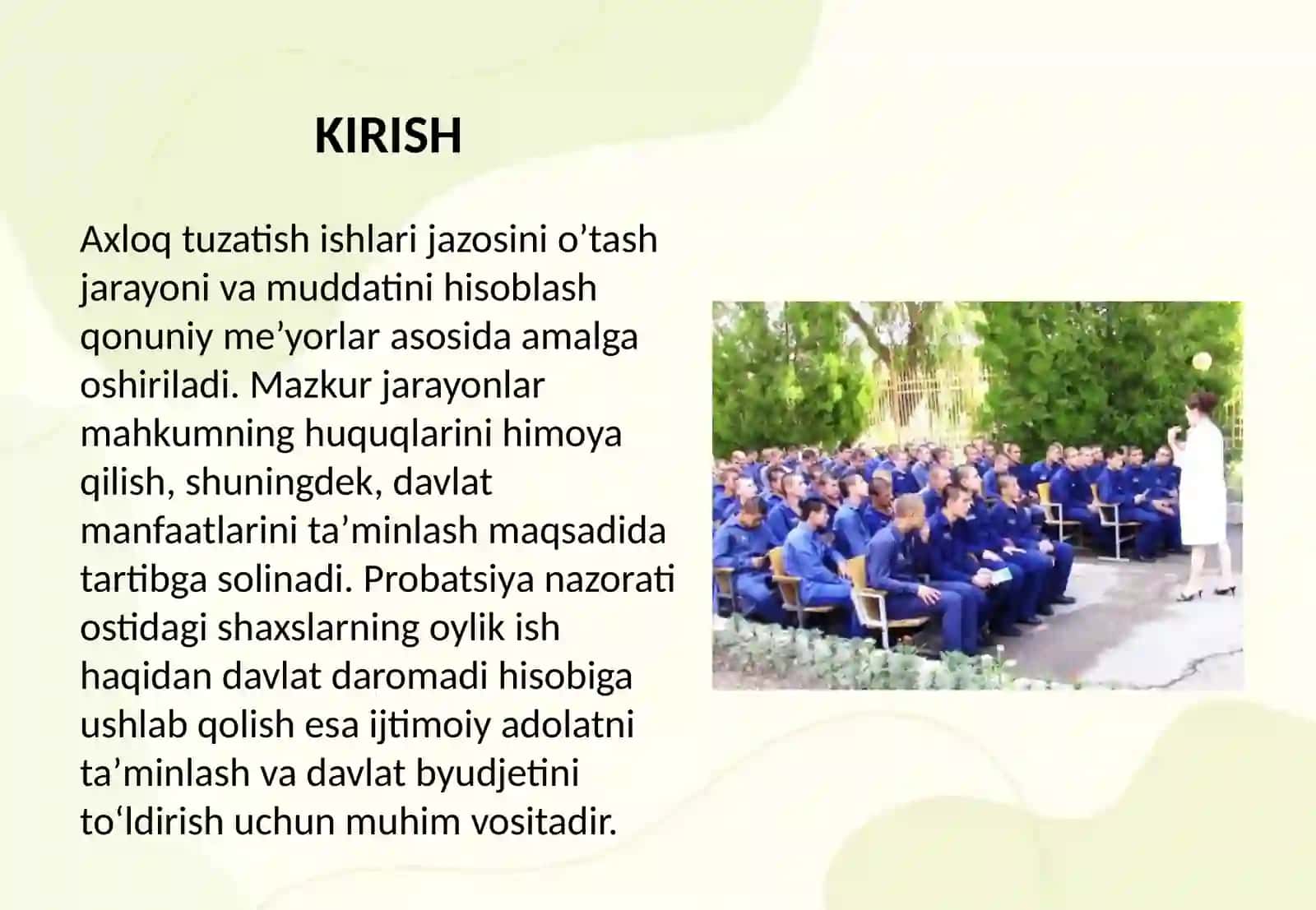 Axloq tuzatish ishlari jazosini o’tashga jalb etish va axloq tuzatish ishlari muddatini hisoblash. Axloq tuzatish ishlari jazosini o’tayotgan probatsiya nazoratidagi shaxslarning oylik ish haqidan davlat daromadi hisobiga ushlab qolish 2