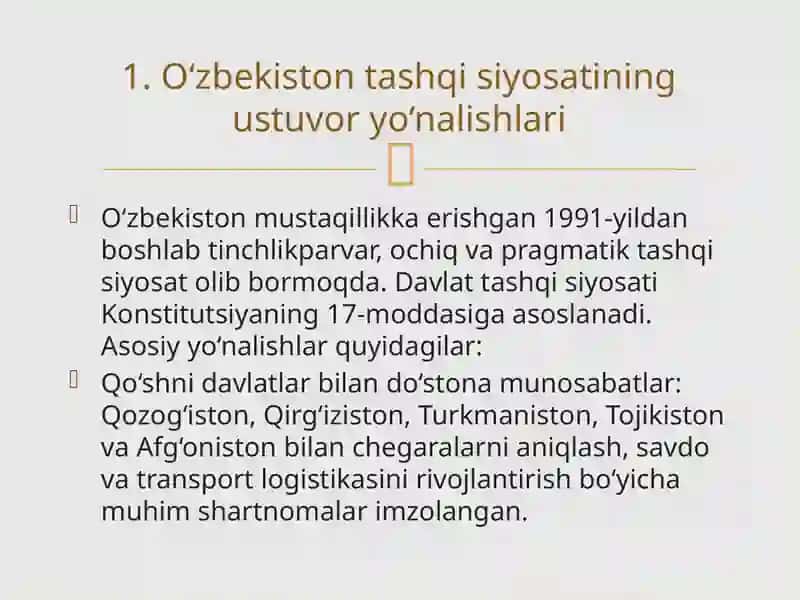 O‘zbekiston Respublikasining tashqi siyosatining muhim yo‘nalishlari. O‘zbekistonning jahon hamjamiyatida tutgan o‘rni. Tolerantlik tushunchasining mazmun-mohiyati va mamlakat taraqqiyotidagi ahamiyati 2