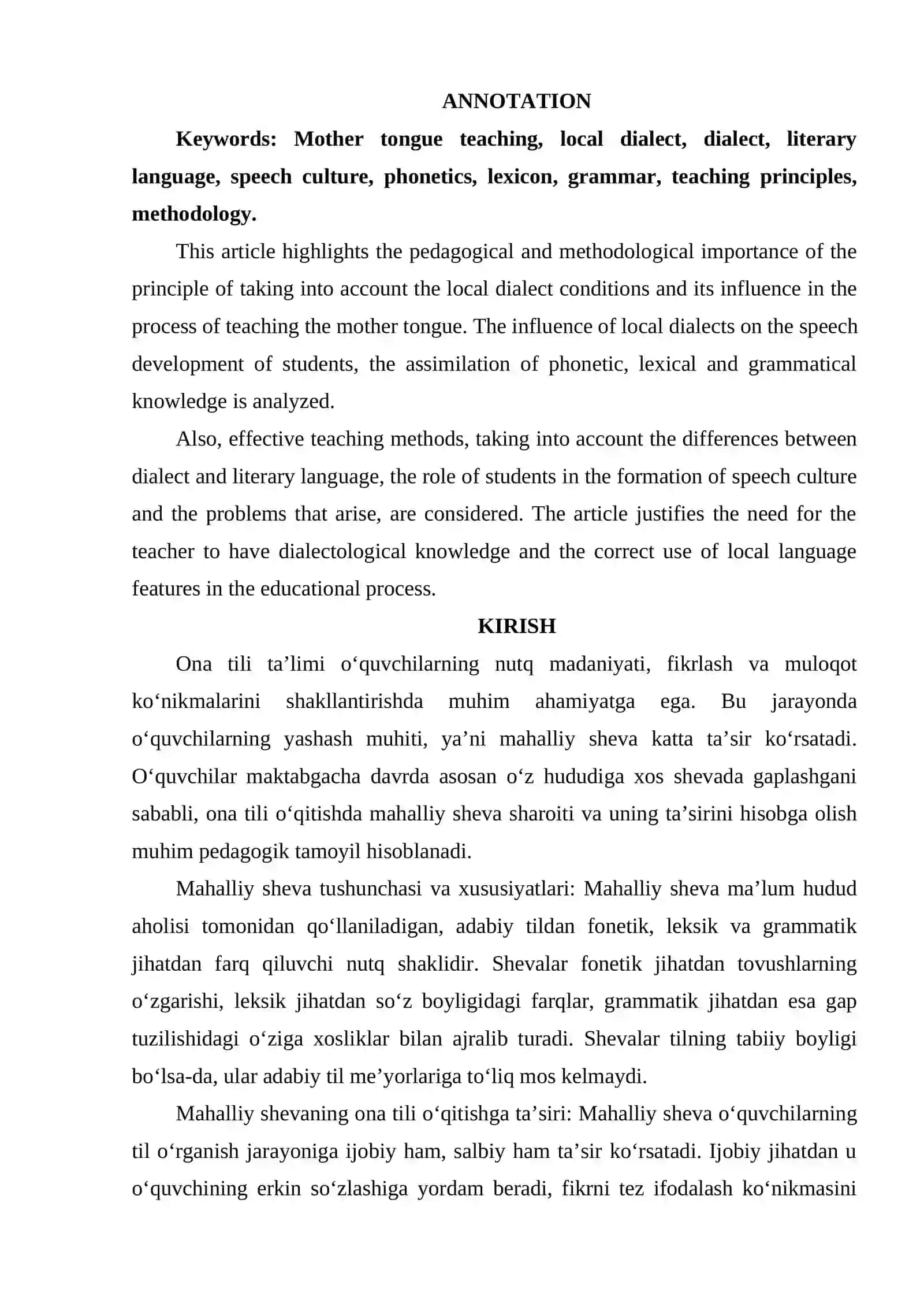 ONA TILI OʻQITISHDA MAHALLIY SHEVA SHAROITI VA TAʼSIRINI HISOBGA OLISH TAMOYILI. 2