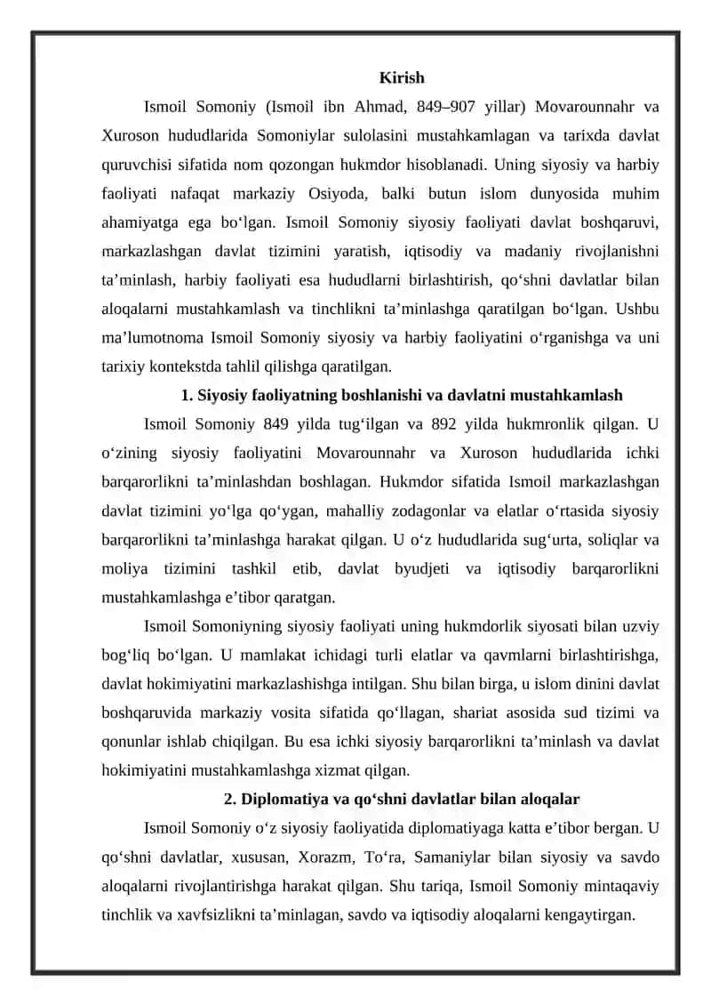 Ismoil Somoniy siyosiy va harbiy faoliyatini o'rganish va ma'lumotnoma tayyorlash 2
