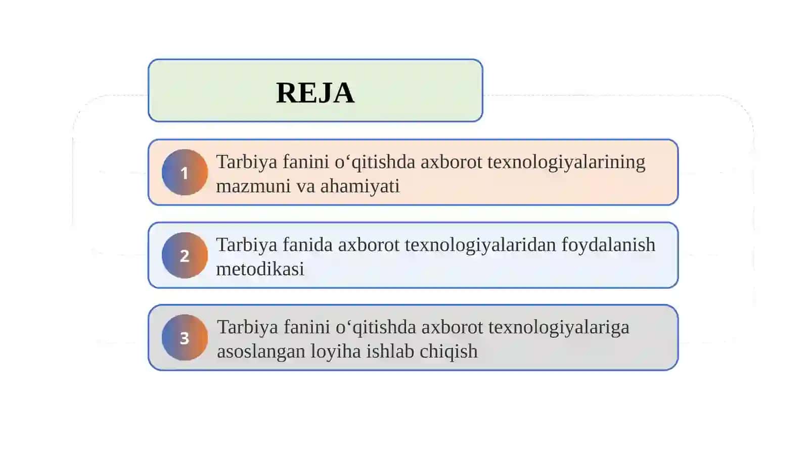 Umumta'lim maktablarida tarbiya fanini o‘qitishda axborot texnologiyalaridan foydalanishga doir loyiha ishlab chiqish 2