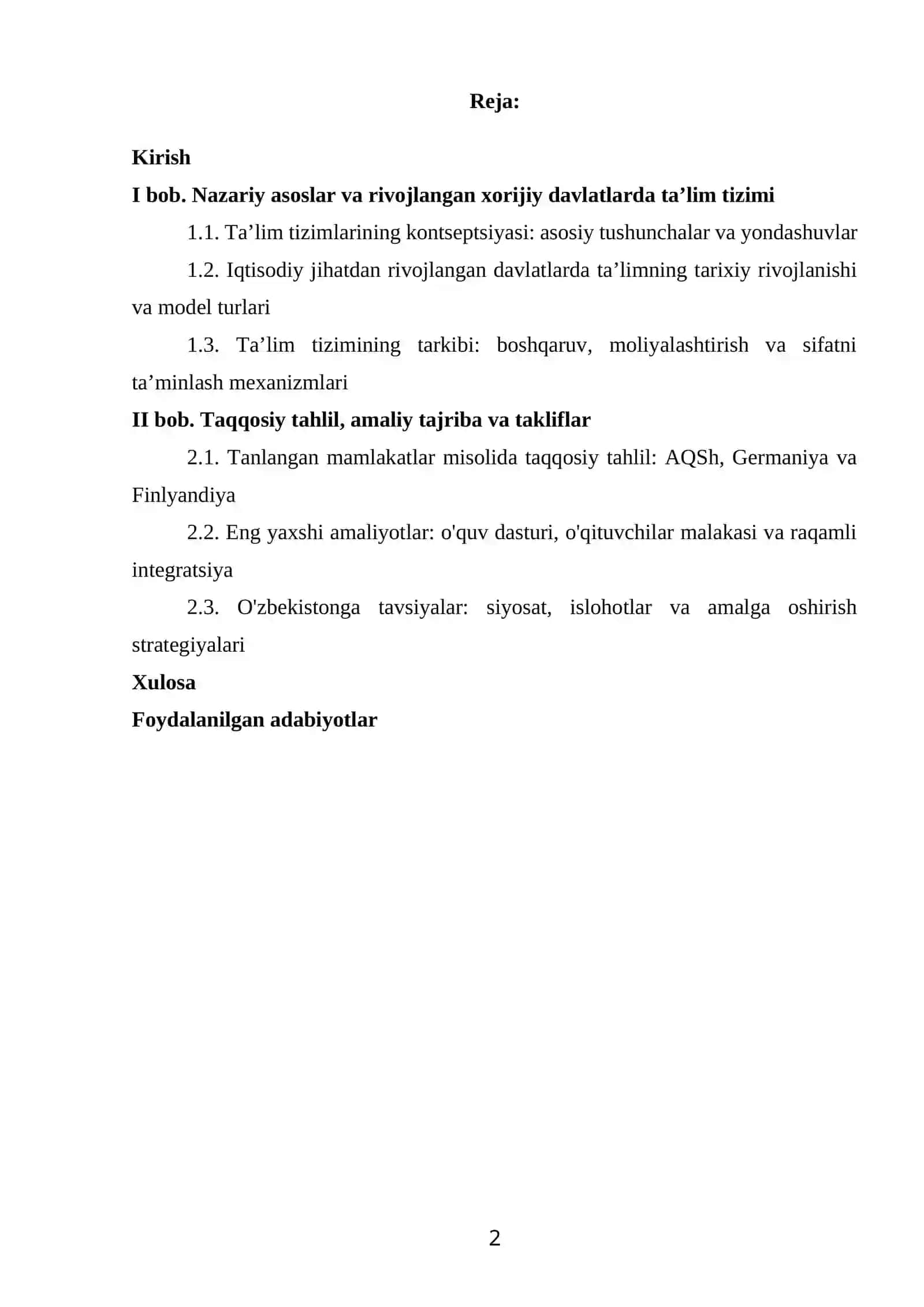 “IQTISODIY RIVOJLANGAN XORIJIY DAVLATLARDA TAʼLIM TIZIMI” MAVZUSIDAGI KURS ISHI 2