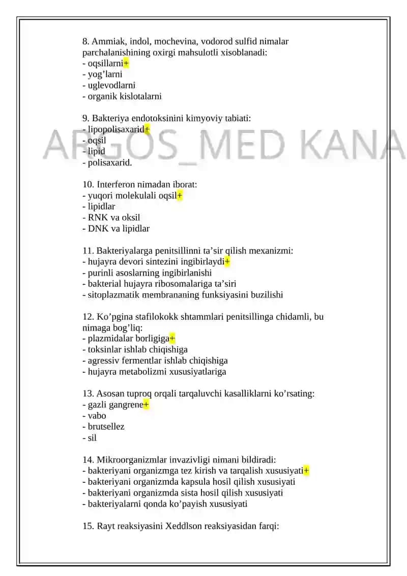 Bakteriologiya mutaxassisligi bo’yicha shakllantirilgan test savollari ro’yxati 2