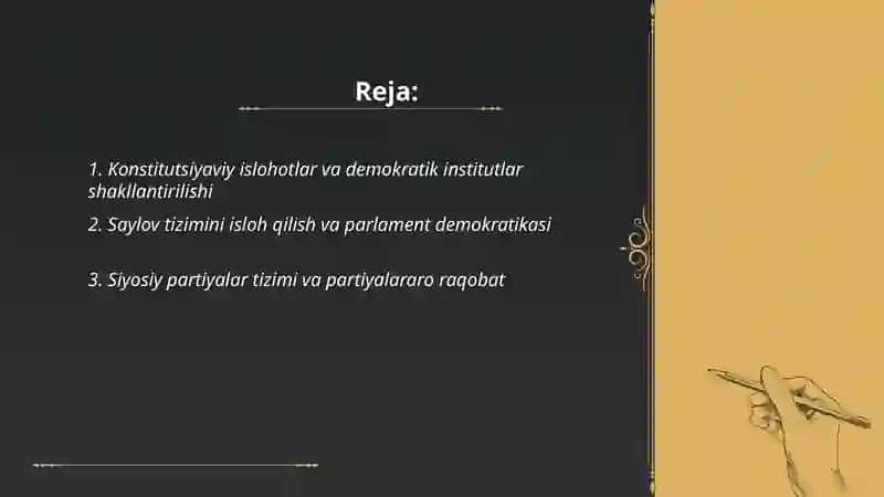 O‘ZBEKISTONDA DEMOKRATIK, FUQAROLIK JAMIYATI ASOSLARINING SHAKLLANISHI, AMALGA OSHIRILGAN SIYOSIY ISLOHOTLAR 2
