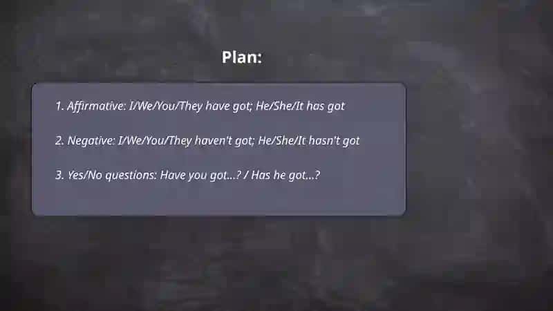 Plan: 1. Affirmative: I/We/You/They have got; He/She/It has got 2