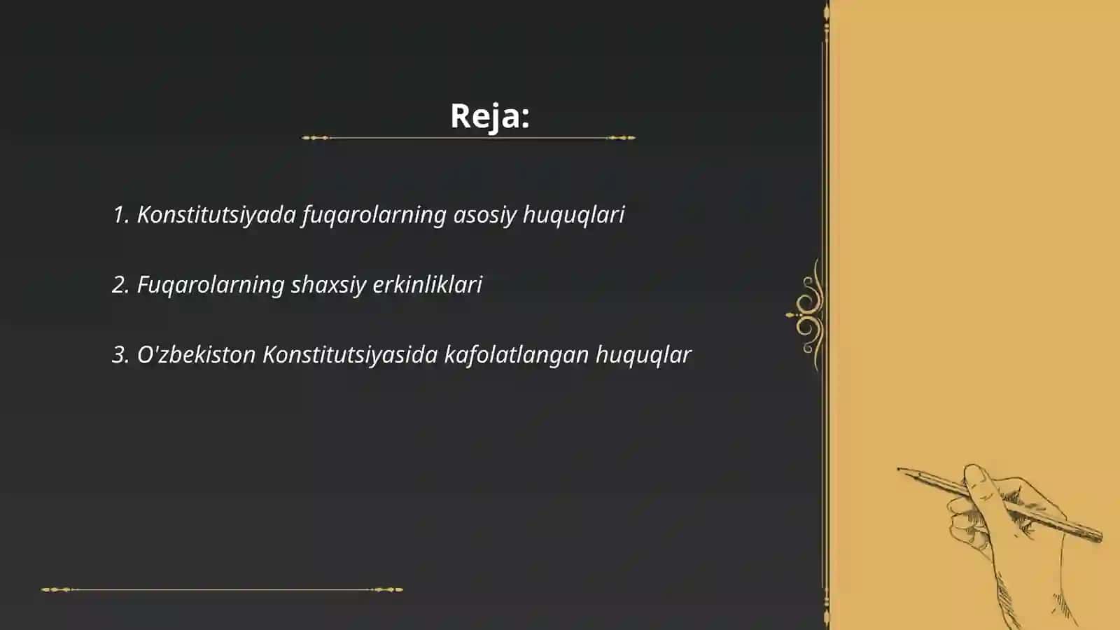 Fuqarolarning huquq va erkinliklarning konstitutsiyada kafolatlanishi hamda fuqarolarning burchlari 2