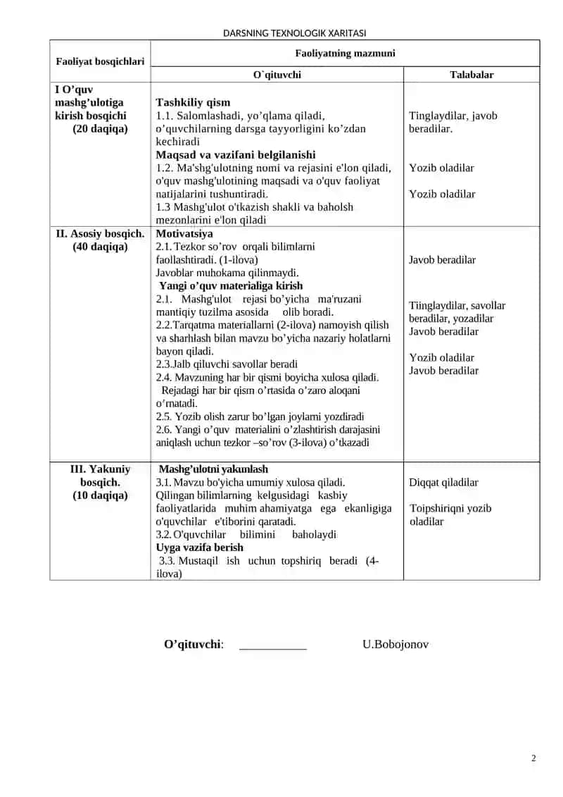 Traktor-kombayn shassilari tuzilishi va texnik xizmat ko’rsatish fаnidan o'quv mashg'ulotida ta'lim texnologiyasi modeli 2