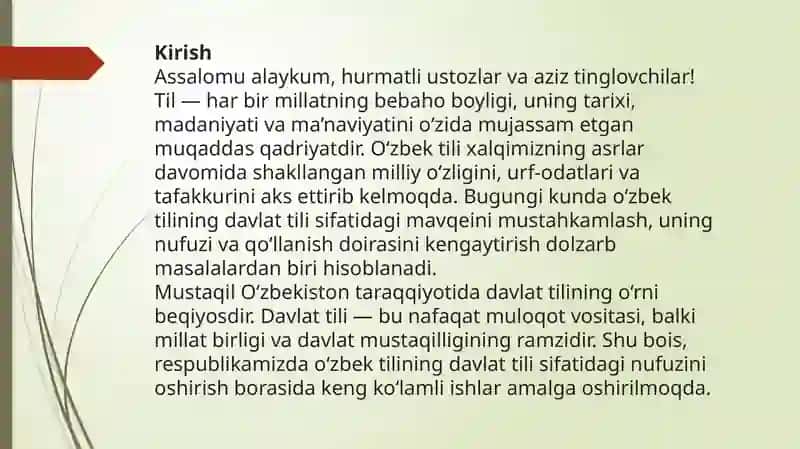 Respublikamizdao'zbektilinidavlattilisifatidaginufuzinioshirishbo'yichaqilinayotganishlarxaqidanutqtayyorlash 2
