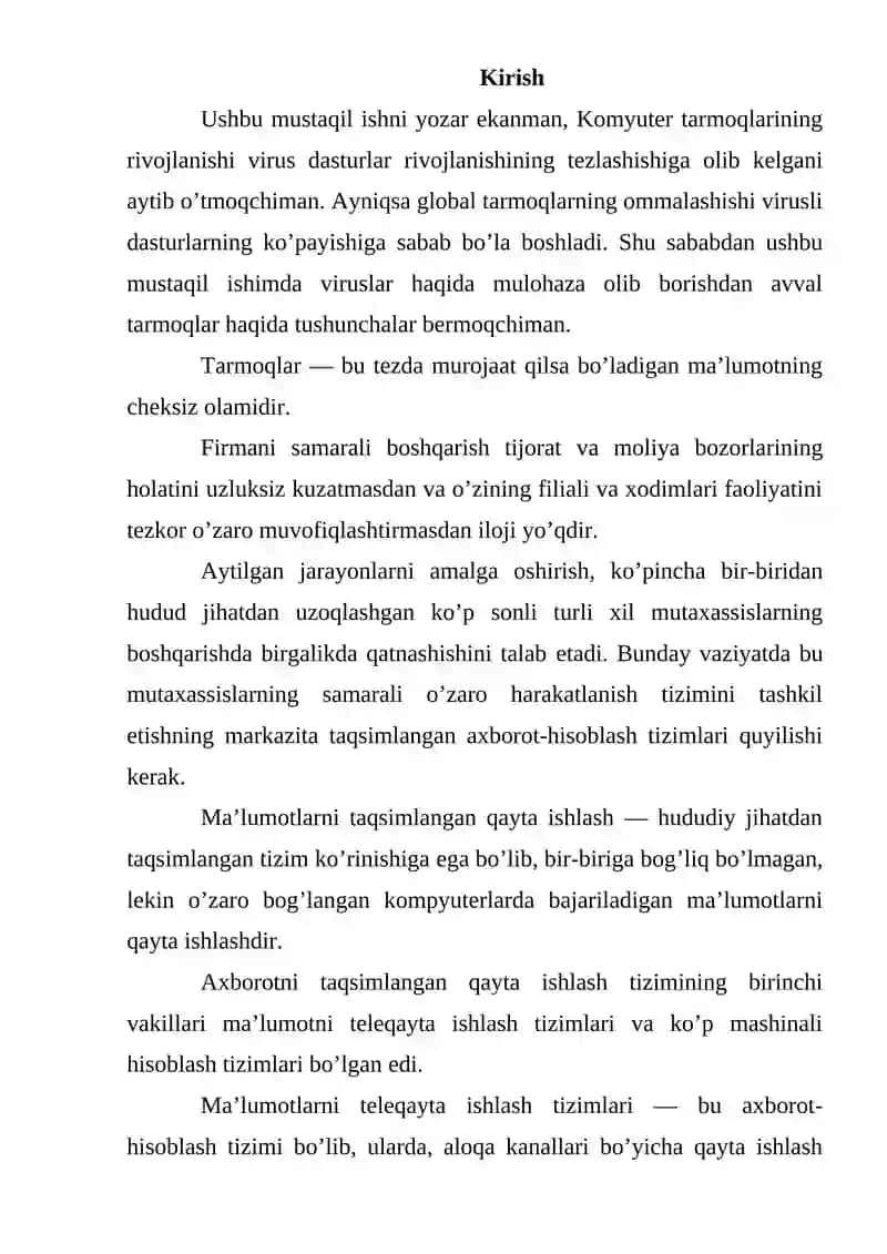 Virus tushinchasi va ularning turlari.Kompyuter viruslari: dasturiy, yuklanuvchi, makro va tarmoq viruslari.Kompyuter viruslaridan himoyalanish 2