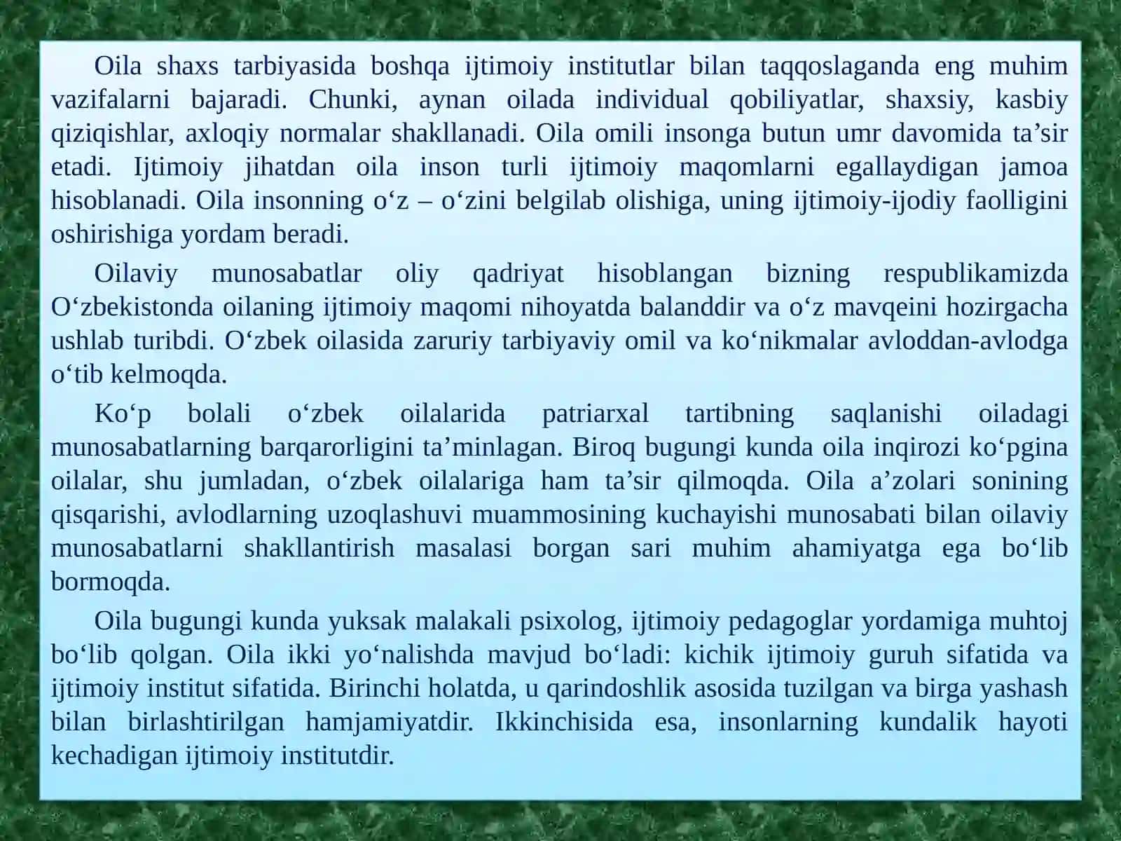 3-mavzu:Pedagogningoilabilanolibboradiganijtimoiyfaoliyati.Pedagogningbolalarningijtimoiylashuvidagiroli 2