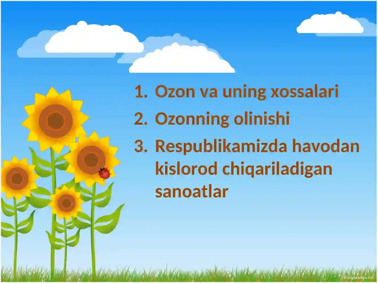 Ozon, uning xossalari va olinishi. Respublikamizda havodan kislorod chiqariladigan sanoatlar. 2