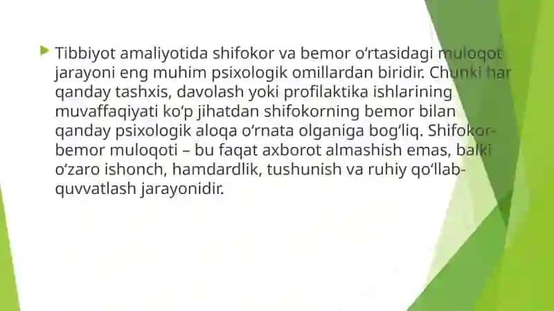 Muloqot shifokor va bemor muloqotining psixologik xususiyatlari. Tibbiyot xodimlarida emotsional holatlarning o’ziga xosligi , stress va uning bosqichlari , bartaraf etish yo’llari 2