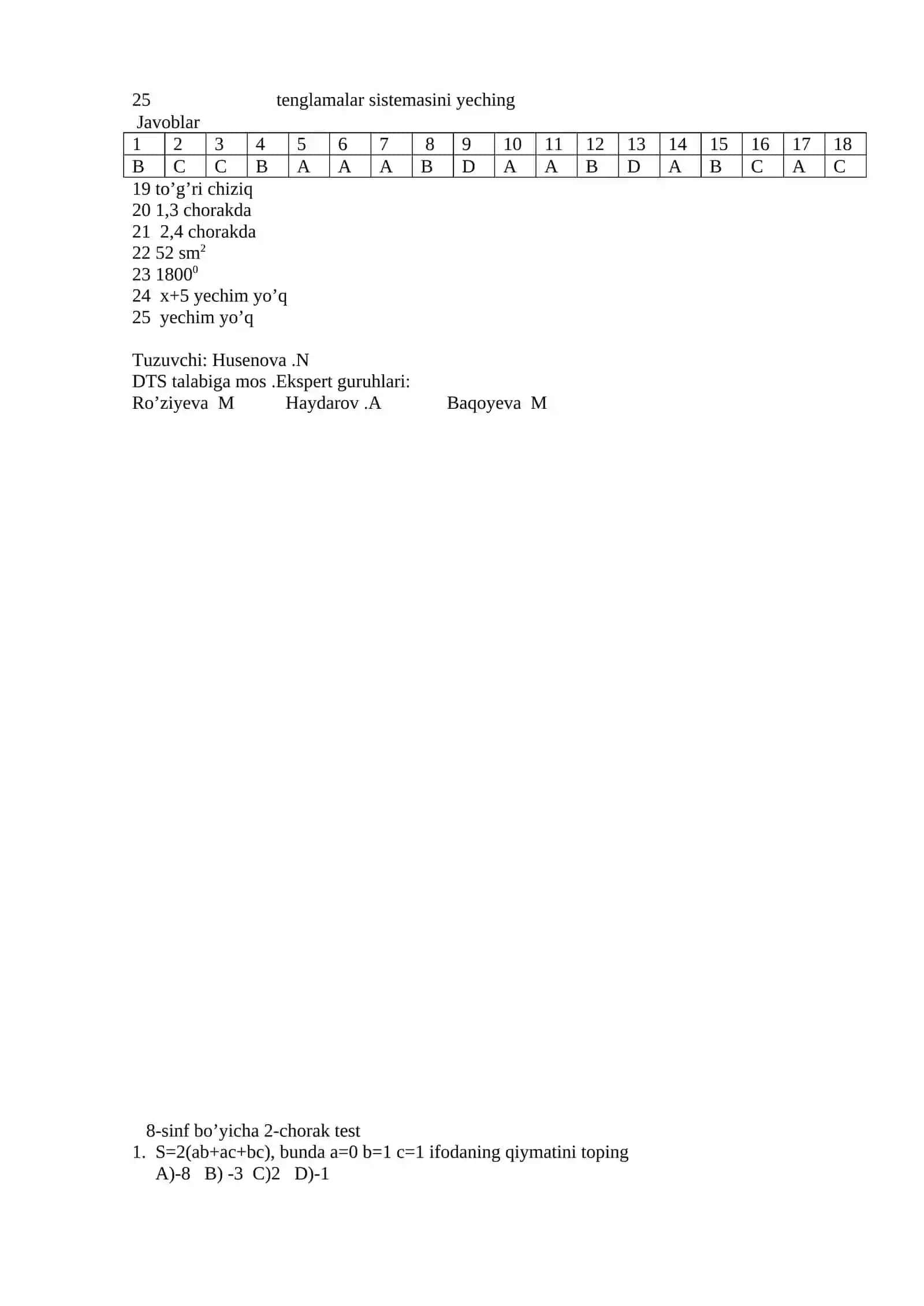 8-sinf bo’yicha 1-chorak test 2