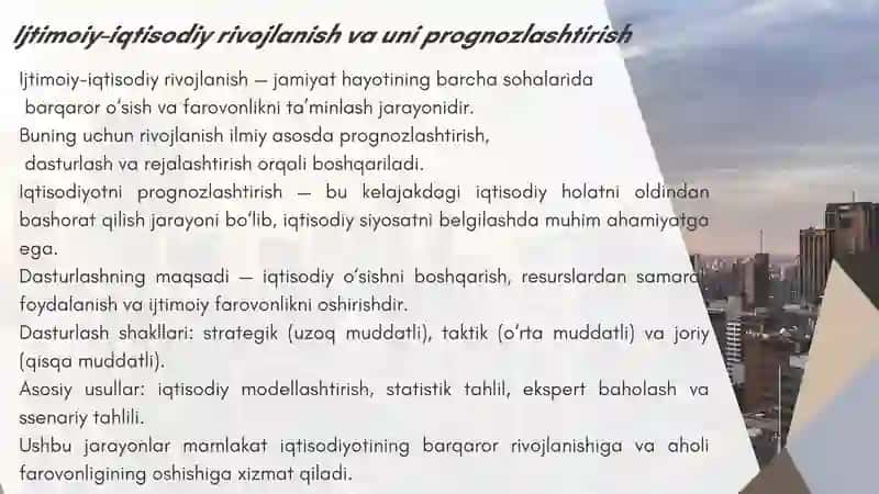 IJTIMOIY-IQTISODIY RIVOJLANISH DASTURLASH PROGNOZLASHTIRISH VA REJALASHTIRISH 2